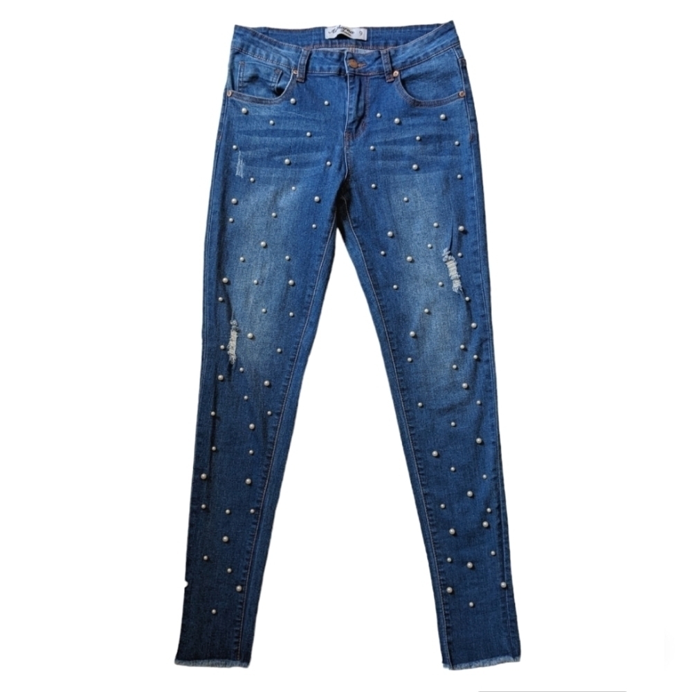 Athurna denim beaded jeans 'distressed' skinny leg Mid rise size 9